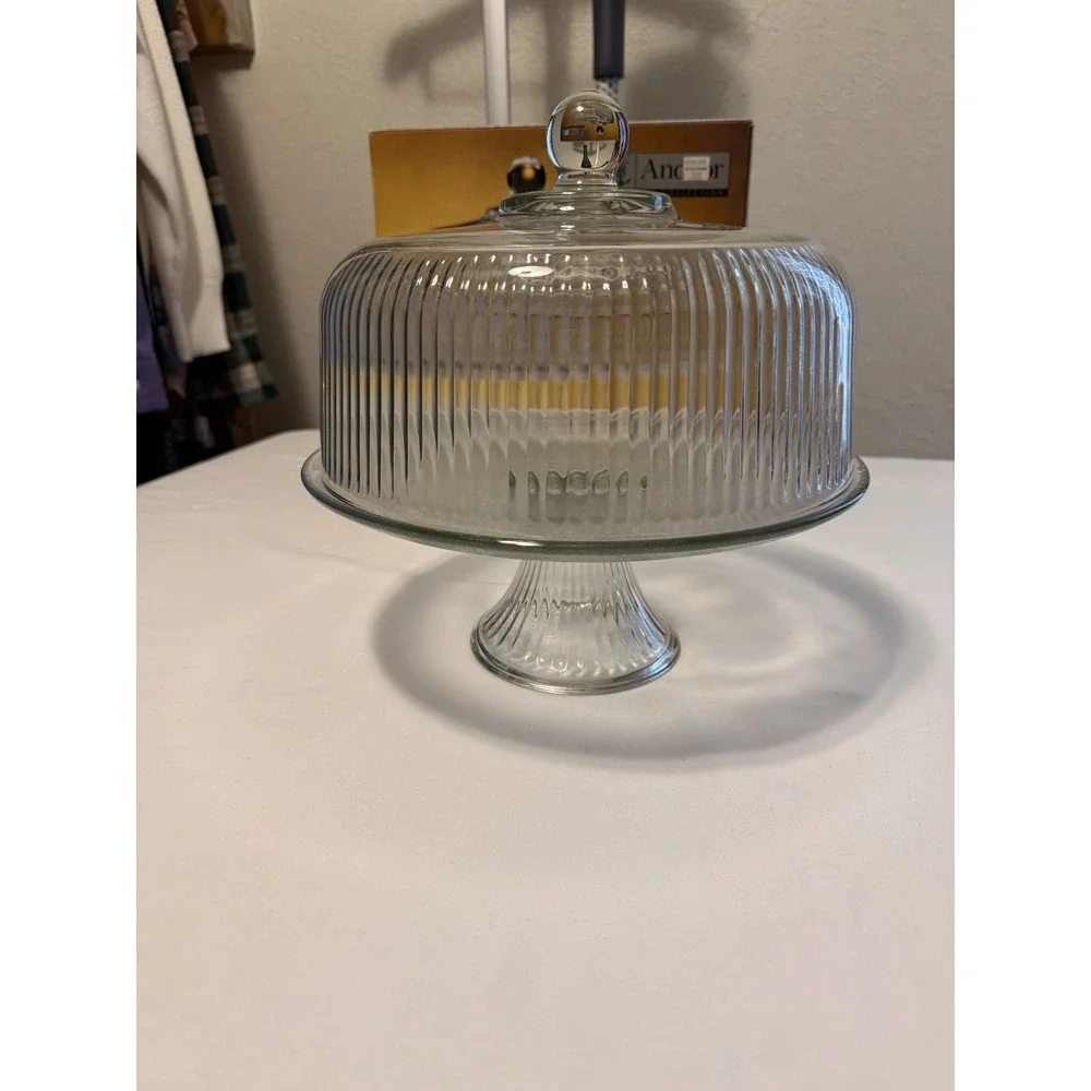 Anchor Hocking Platinum Collection Glass Cake Stand and Ribbed Dome Lid Set